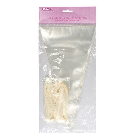 Clear Sweet Cone Bags With Ties 150 X 280mm - 50 Pack.