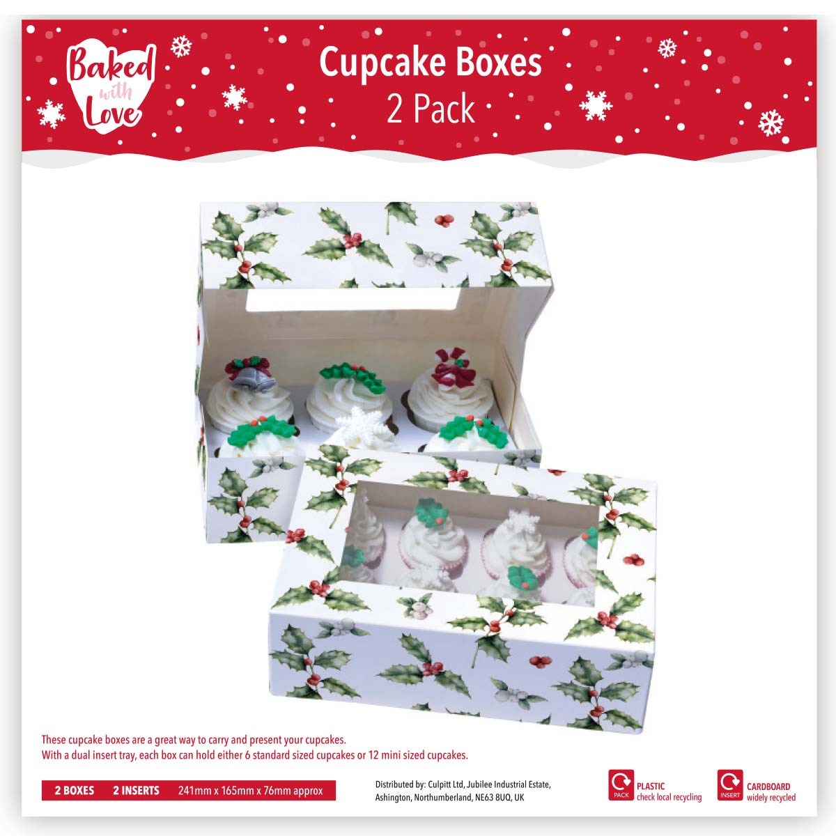 Christmas Cake/Log/Cupcake Box Vintage Holly Xmas Festive Yule Clear Window Treats. Choose your size.