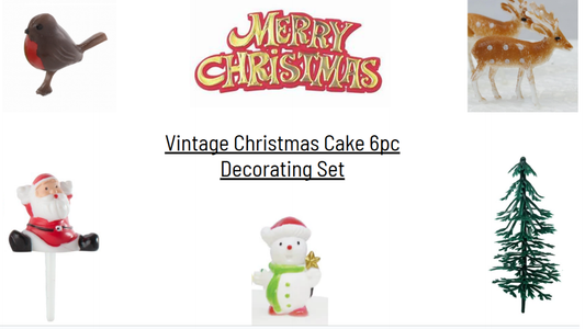 Vintage Christmas Cake 6pc Decorating Topper Set Including Motto, Snowman, Santa, Reindeer, Robin, Christmas Tree. Also perfect for Festive Treats, Cupcakes and Yule Log
