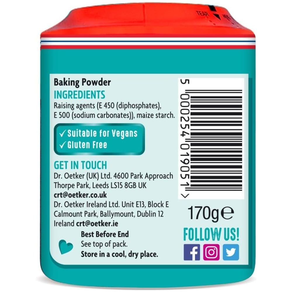 Dr. Oetker Baking Powder 170g. Gluten Free. Suitable for Vegetarians and Vegans.